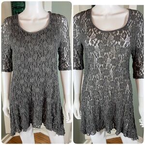 Surrealist Gray Lace Sheer Asymmetrical Tunic Top Blouse Shirt S/M